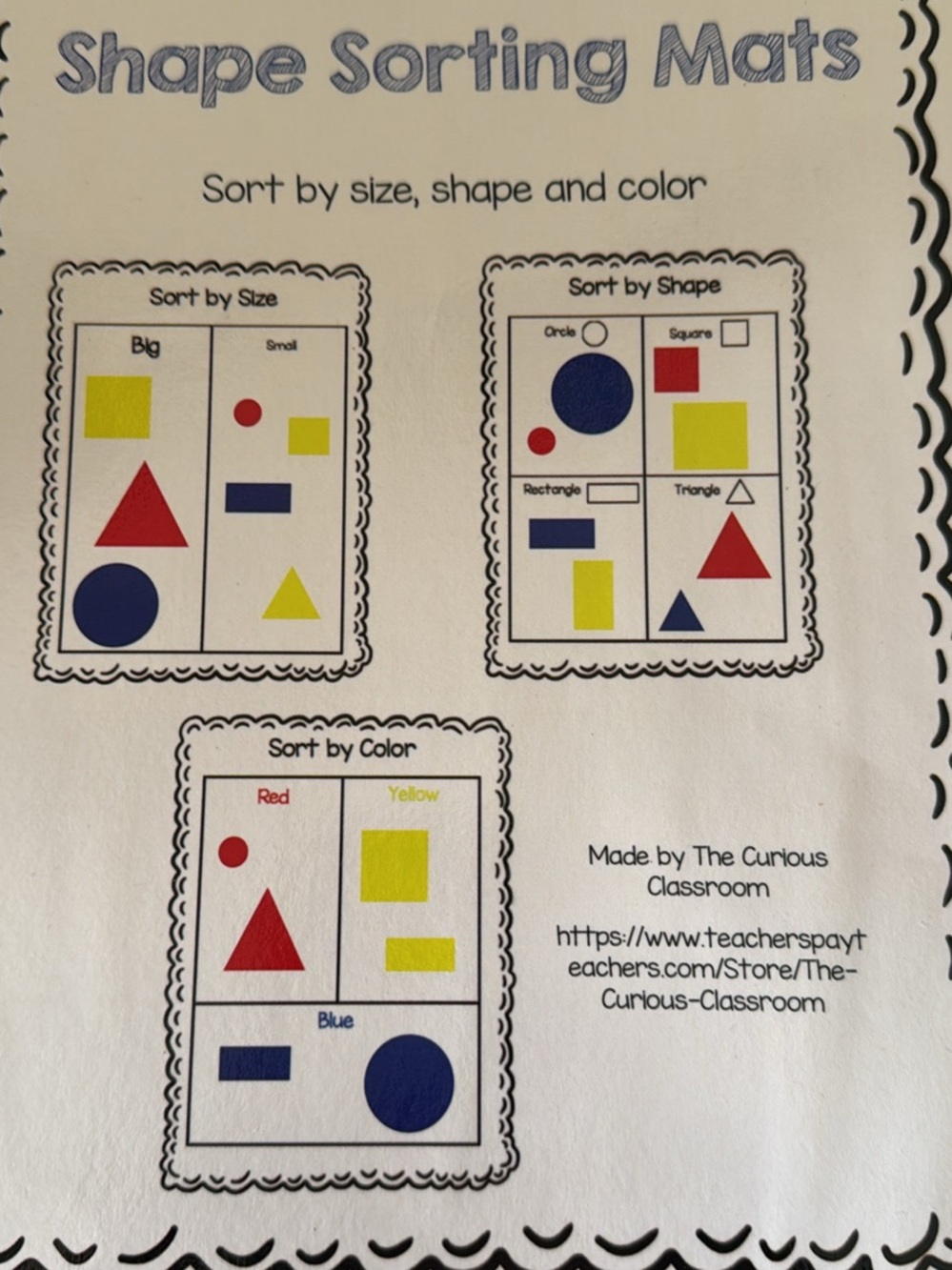 Shape Sorting Mats - Colors Red, Yellow, Blue - The Curious Classroom